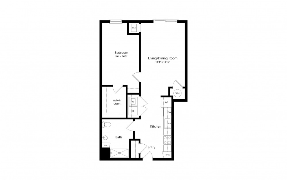 A2-A - 1 bedroom floorplan layout with 1 bath and 727 square feet.