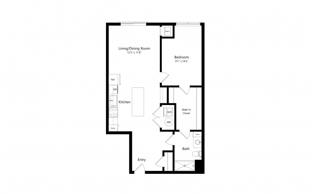 A3 - 1 bedroom floorplan layout with 1 bath and 755 square feet.