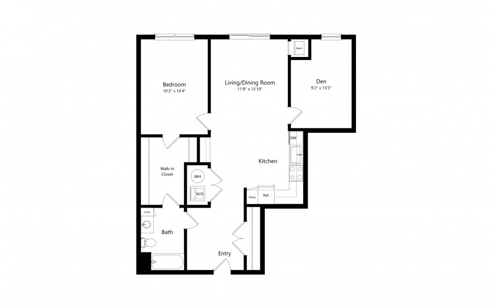 B2 - 1 bedroom floorplan layout with 1 bath and 924 square feet.