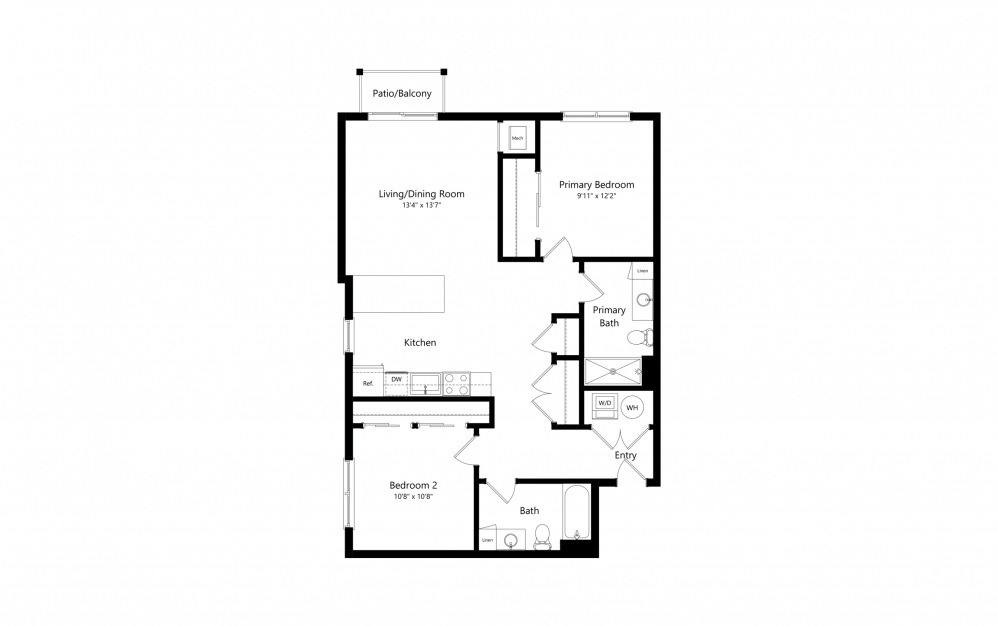 C1 - 2 bedroom floorplan layout with 2 baths and 1006 square feet.