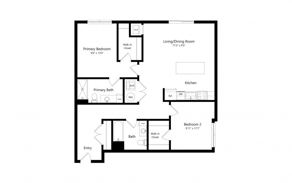 C2 - 2 bedroom floorplan layout with 2 bathrooms and 1081 square feet