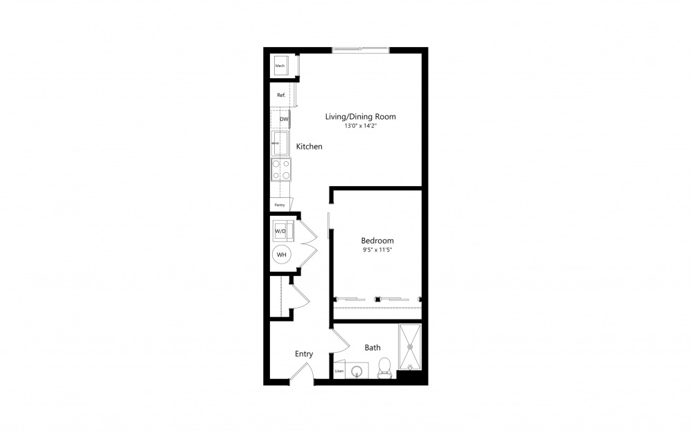 J1 - Studio floorplan layout with 1 bath and 590 square feet.