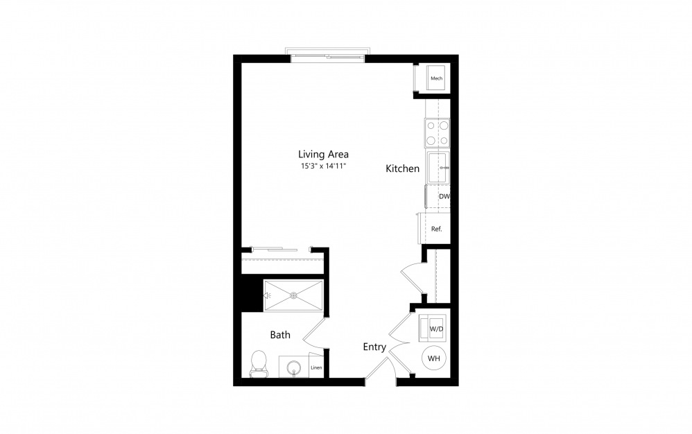 S1 - Studio floorplan layout with 1 bath and 480 square feet.