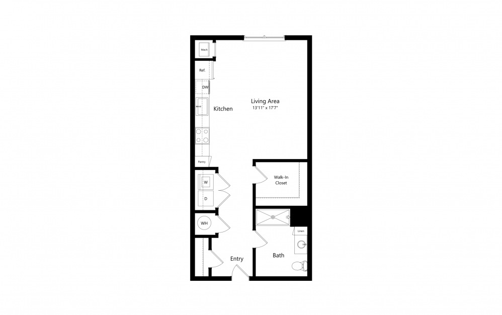 S2-A - Studio floorplan layout with 1 bath and 608 square feet.
